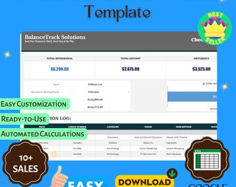 Sjabloon voor saldo-tracker chequeboek, bewerkbare Google Spreadsheets, digitaal chequeregister, persoonlijk financiële logboek, geldtracker
