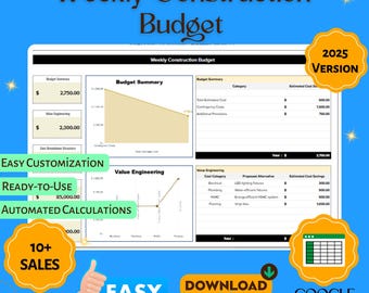 Wekelijkse sjabloon bouwbegroting, projectkostentracker, kostenplanner aannemer, spreadsheet bouwfinanciering