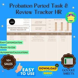 以下が含まれることがあります： 茶色とベージュのGoogleスプレッドシートテンプレートで、大きなフォントで「Probation Period Task & Review Tracker HR」というテキストが表示されています。テンプレートには、従業員名、履歴書へのリンク、応募した仕事、メールアドレス、採用担当者などのセクションが含まれています。テンプレートには、「試用期間開始日」と「試用期間終了日」というテキストを含むグラフも含まれています。テンプレートには、「簡単カスタマイズ」、「すぐに使える」、「自動計算」というラベルが付けられています。テンプレートには、「10+販売」と「使いやすい」というラベルも付けられています。テンプレートには、「今すぐダウンロード」と「Googleスプレッドシート」というラベルが付けられています。