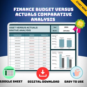 May include: A digital download spreadsheet template for comparing budget versus actuals. The spreadsheet includes a table with columns for actual amount, variance, and variance percentage. The spreadsheet also includes a chart showing budgeted and actual amounts for gross profit, net income, and net cash flow. The spreadsheet is labeled "Finance Budget Versus Actuals Comparative Analysis" and "DGET Versus Actuals Arative Analysis". The spreadsheet is labeled "Google Sheet, Digital Download, Easy to Use".
