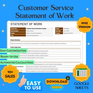 May include: A Google Sheets template for a customer service excellence program. The template includes sections for project objectives, easy customization, ready-to-use features, and automated calculations. The template is labeled "2025 Version".