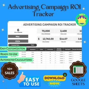 Advertising Campaign ROI Tracker Template, Marketing Return on Investment Calculator, Campaign Performance Tracker