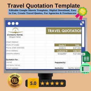 May include: A digital template for creating travel quotes. The template is designed for use in Google Sheets and features a travel-themed design with an airplane icon. The template includes fields for company information, quote details, customer information, and destination. The template is labelled "Travel Quotation Template" and has a "Best Seller" badge.