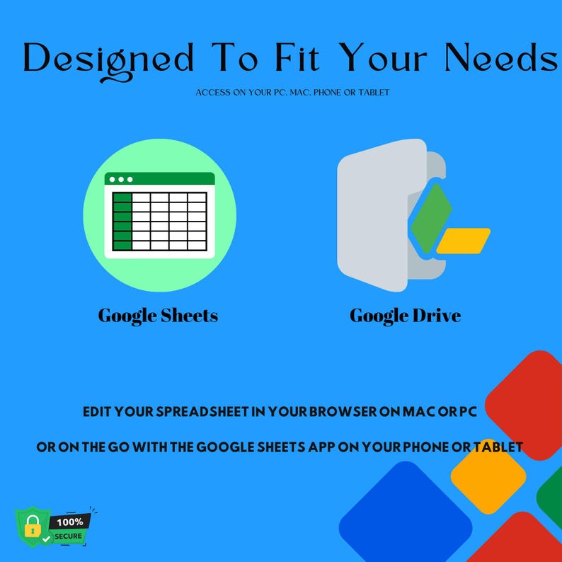 May include: Illustration of a green spreadsheet icon and a gray folder icon with a green and yellow file inside. The text "Designed To Fit Your Needs" is at the top of the image. The text "Access on your PC, Mac, phone or tablet" is below the title. The text "Google Sheets" is below the spreadsheet icon. The text "Google Drive" is below the folder icon. The text "Edit your spreadsheet in your browser on Mac or PC or on the go with the Google Sheets app on your phone or tablet" is in the middle of the image. The text "100% Secure" is in the bottom left corner of the image.