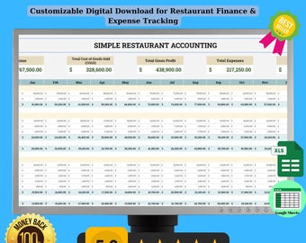 Sjabloon voor restaurantboekhouding, bewerkbare Google Spreadsheets voor restaurantfinanciën, kosten- en voedselkostentracker, budget voor kleine bedrijven