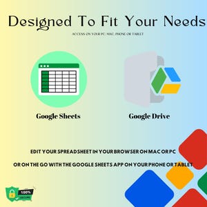 May include: An image with the text "Designed To Fit Your Needs" and icons for Google Sheets and Google Drive. The text "Edit your spreadsheet in your browser on Mac or PC" and "Or on the go with the Google Sheets app on your phone or tablet" is also included.