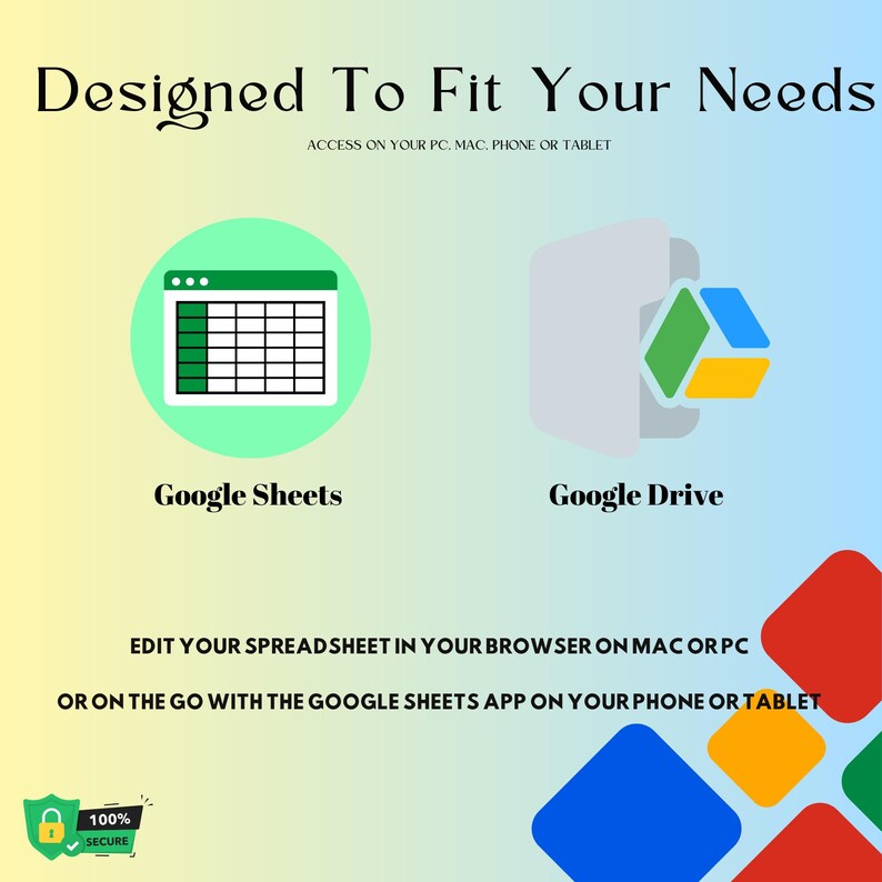 May include: An image with the text "Designed To Fit Your Needs" and icons for Google Sheets and Google Drive. The text "Edit your spreadsheet in your browser on Mac or PC" and "Or on the go with the Google Sheets app on your phone or tablet" is also included.
