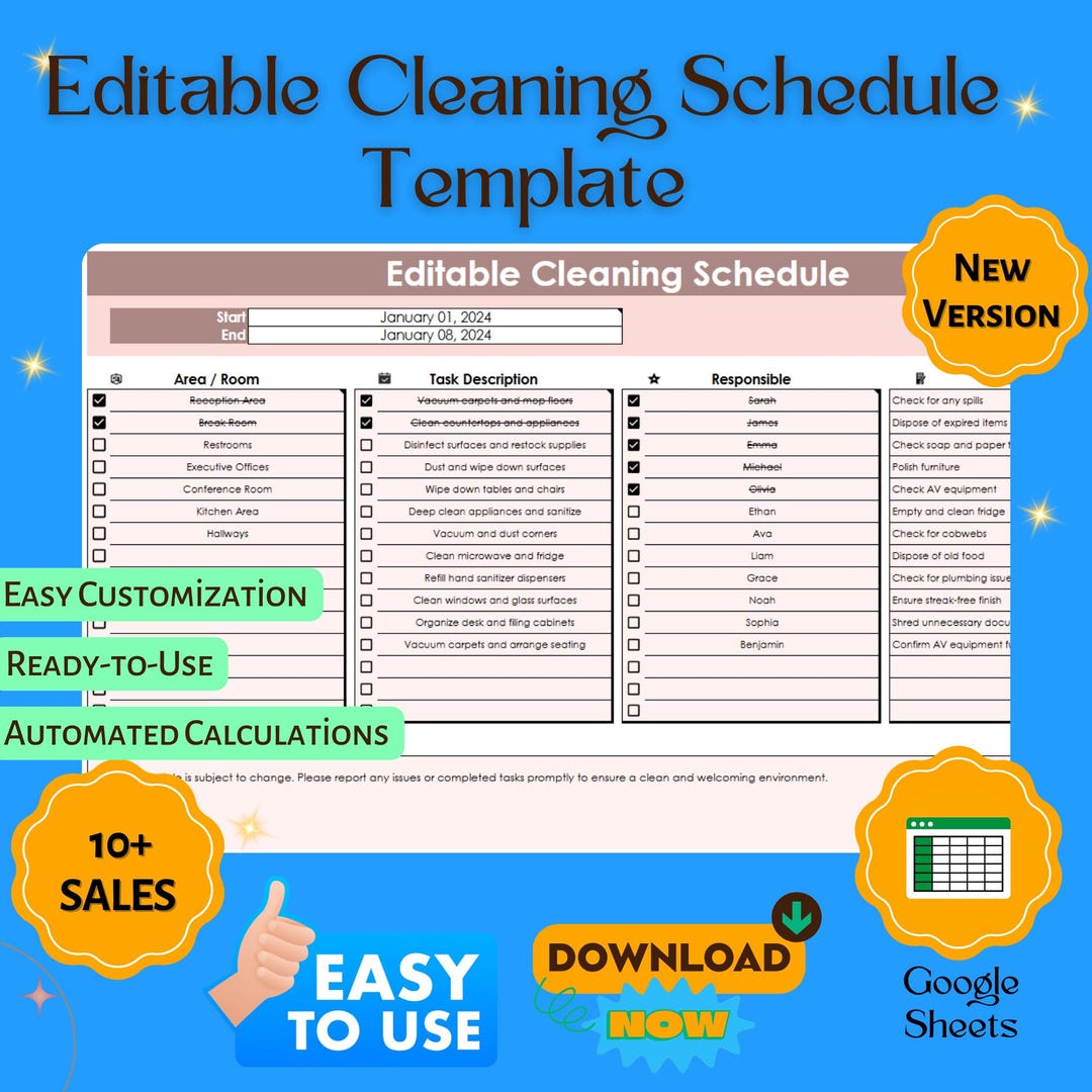 Cleaning Schedule Template Google Sheets Excel, Task Planner Daily ...