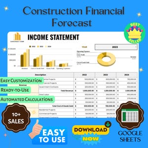Puede incluir: Una plantilla de previsión financiera de la construcción con una cuenta de resultados, gráficos y tablas. El diseño incluye el texto "Construction Financial Forecast", "Income Statement" y "Google Sheets". Incluye fácil personalización y cálculos automatizados.