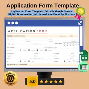 Könnte beinhalten: Ein Computerbildschirm zeigt eine digitale Bewerbungsformularvorlage in Google Sheets. Das Formular enthält Felder für persönliche Informationen wie vollständiger Name, Geburtsort, Adresse, Status, Nationalität, Religion, E-Mail und Geschlecht. Das Formular enthält auch einen Abschnitt für den Bildungshintergrund. Die Vorlage ist für Bewerbungen für Jobs, Schulen und Veranstaltungen konzipiert. Der Bildschirm ist von einem weißen Rand und einer blauen Titelleiste umgeben. Die Titelleiste enthält den Text "Application Form Template" in weißer Schrift. Die Vorlage steht zum digitalen Download bereit. Das Bild enthält auch ein "Best Seller" -Abzeichen und eine 5-Sterne-Bewertung.
