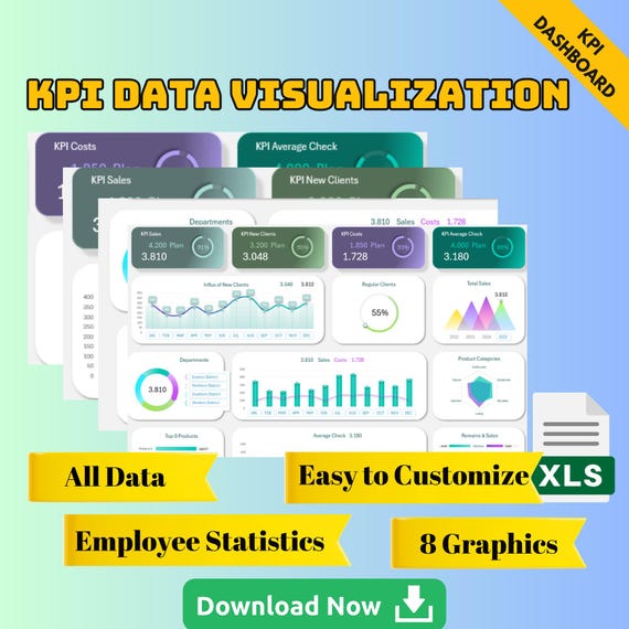 KPI Data Visualization Template for Excel Business Analytics, Visualization Tool, Metrics Graphs, Performance Metrics, Easy to Customize XLS
