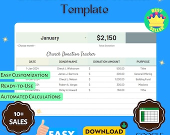 Church Donation Tracker Template, Editable Google Sheets, Tithes and Offering Management