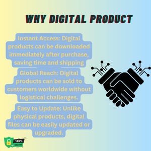 May include: A graphic promoting digital products, featuring text on a gradient background. The text reads "WHY DIGITAL PRODUCT" and lists benefits like instant access and global reach. A handshake graphic with circuit board elements is also present.