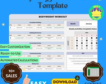 Bodyweight Workout Template, Editable Google Sheets, No Equipment Fitness Log, At-Home Strength Training, Calisthenics & Endurance