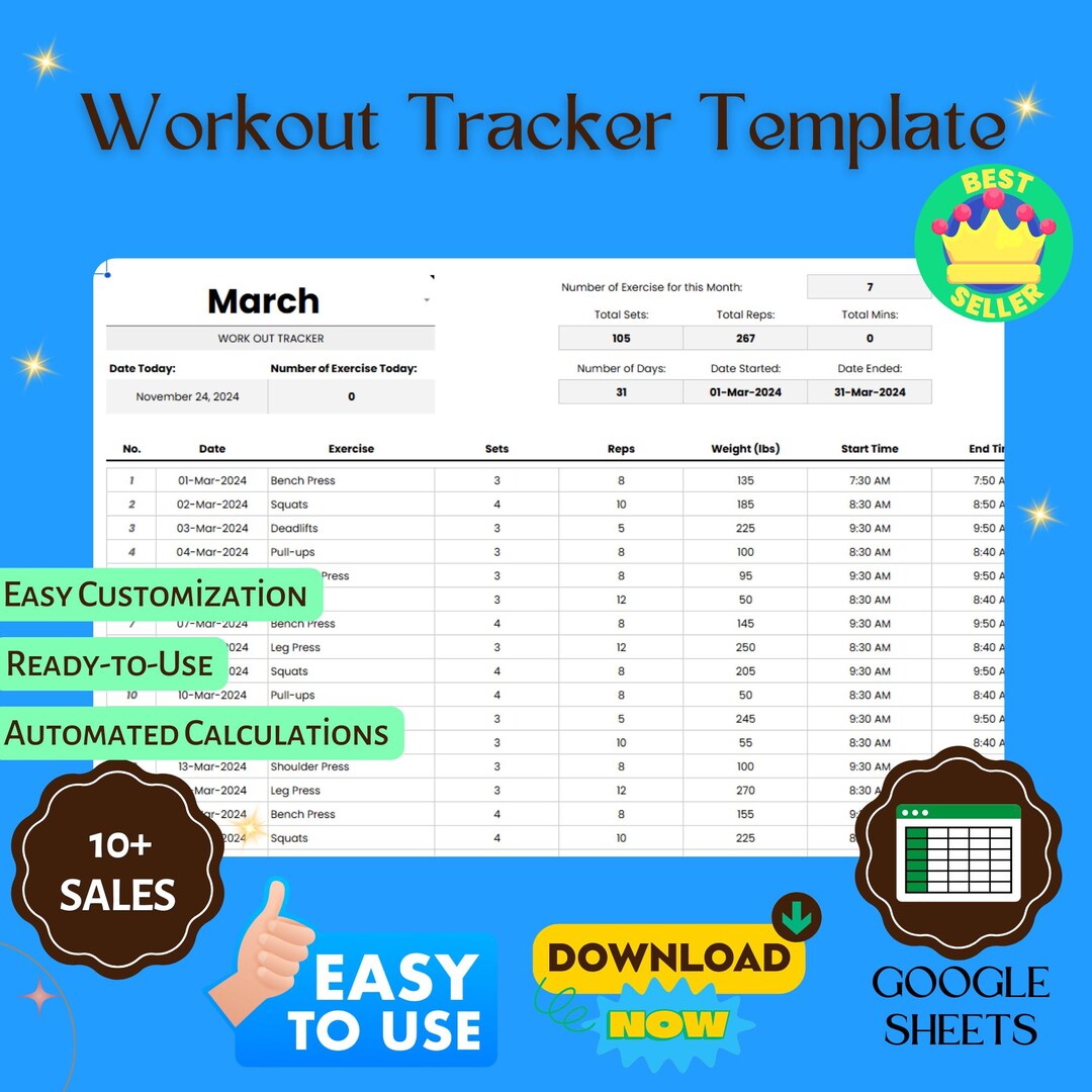 Exercise Tracking Template Fun Workout Tracker Template, Editable Google Sheets, Digital Download for ...