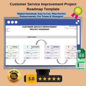 May include: A digital download template for a customer service improvement project roadmap. The template is displayed on a computer screen with a blue background and white text. The roadmap includes five phases: planning, implementation, monitoring, evaluation, and a section for project timeline. The template is designed for teams and managers to plan service enhancements.