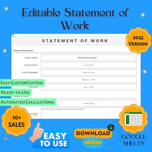 Modèle d'énoncé des travaux modifiable, formulaire d'accord SOW, document sur la portée des travaux, modèle de contrat Google Sheets