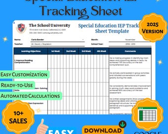 Special Education IEP Tracking Sheet Template, Individualized Education Plan Monitoring Spreadsheet