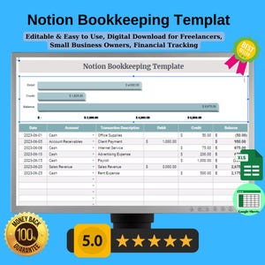 Notion Bookkeeping Template, Editable & Easy to Use, Digital Download for Freelancers, Small Business Owners, Financial Tracking