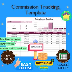 Könnte beinhalten: Eine rosa und violette Tabellenkalkulationsvorlage zur Verfolgung von Umsatzprovisionen. Die Vorlage enthält Spalten für den Vertriebsmitarbeiter, das Produkt, den Umsatzbetrag, den Satz, den Verdienst und die Abteilung. Die Vorlage ist mit "Provisions-Tracking-Vorlage" und "Provisions-Tracker" beschriftet.