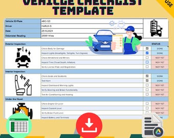 Sjabloon voertuigchecklist voor auto-onderhoudstracker, digitale download voor auto-inspectie en onderhoudslogboek van Google Spreadsheets