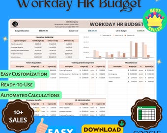 Workday HR-budgetsjabloon, bewerkbare Google Spreadsheets voor personeelsplanning, salarisadministratie, personeelskosten, digitale download