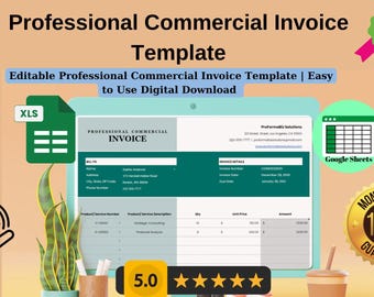 Bewerkbare sjabloon voor handelsfacturen voor Google Spreadsheets, professionele digitale download voor bedrijven en freelancers
