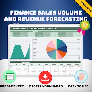 May include: A Google Sheet template for finance sales volume and revenue forecasting. The template includes a line graph, a pie chart, and a table with columns for month, sales volume, and revenue. The template is labeled "Finance Sales Volume and Revenue Forecasting" and is available for digital download. The text "Google Sheet", "Digital Download", and "Easy to Use" is also included in the image.