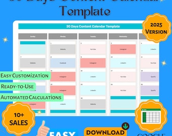30-Tage Content Kalender Template für Social Media Planung, Google Sheets Postplaner & Marketingplaner