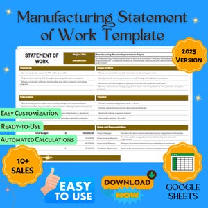 May include: A gold and blue template for a manufacturing statement of work. The template includes sections for objectives, deliverables, timelines, roles and responsibilities, and a total budget. The template is labeled "Easy Customization", "Ready-to-Use", and "Automated Calculations". The template is also labeled "2025 Version".