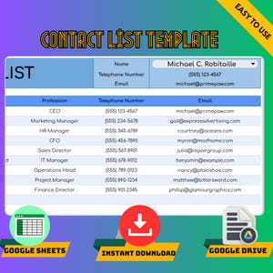 May include: A contact list template in blue and white, featuring fields for name, telephone number, and email, with example contact details. Includes icons for Google Sheets, instant download, and Google Drive.