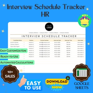 Könnte beinhalten: Eine Vorlage für einen Interview-Zeitplan-Tracker mit blauem Hintergrund. Die Vorlage enthält Abschnitte für den Namen des Kandidaten, die Position, die Kontaktnummer, das Interviewdatum und die Uhrzeit sowie den Interviewer. Der Text enthält "Einfache Anpassung", "Sofort einsatzbereit" und "Automatisierte Berechnungen".