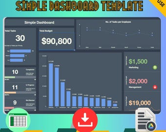 Eenvoudige dashboardsjabloon voor Google Spreadsheets, Business Data Tracker en digitale download voor financieel en projectbeheer