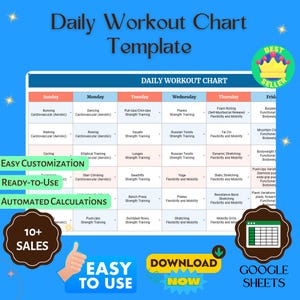 May include: A colorful chart template for a daily workout routine. The chart is divided into seven days of the week, with each day featuring a different exercise category, such as cardiovascular, strength training, flexibility, and mobility. The chart includes a variety of exercises, including running, dancing, pull-ups, planks, foam rolling, burpees, squats, lunges, deadlifts, bench press, yoga, pilates, stretching, and mobility drills. The chart also includes a section for easy customization, ready-to-use features, and automated calculations. The chart is designed to help people create a personalized workout plan that fits their fitness goals.