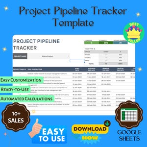 Könnte beinhalten: Eine Projekt-Pipeline-Tracker-Vorlage auf blauem Hintergrund. Die Tabelle enthält Abschnitte für Projektnamen, Aufgabenbeschreibungen, Start- und Enddaten sowie Aufgabenart-Prozentsätze. Der Text enthält "Einfache Anpassung", "Sofort einsatzbereit" und "Automatisierte Berechnungen".