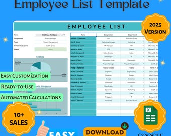 Employee List Template, Google Sheets Staff Directory, Editable Excel Employee Database, HR Team Management Sheet, Workforce Tracker