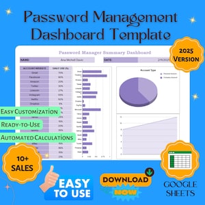 May include: A purple and white password management dashboard template for Google Sheets. The template includes a chart showing daily use of different accounts, a pie chart showing account type, and a line graph showing account growth. The template is labeled "Easy Customization", "Ready-to-Use", and "Automated Calculations".