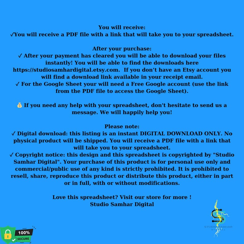 May include: A blue and white digital download listing for a spreadsheet. The text on the image reads "You will receive a PDF file with a link that will take you to your spreadsheet." and "Digital download: this listing is an instant DIGITAL DOWNLOAD ONLY. No physical product will be shipped. You will receive a PDF file with a link that will take you to your spreadsheet."