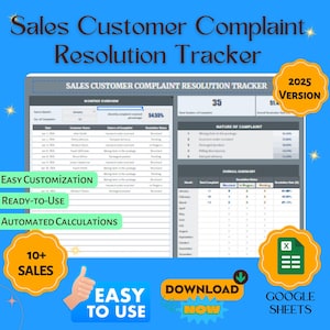 以下が含まれることがあります： 顧客の苦情を追跡するためのGoogleスプレッドシートのテンプレートです。このテンプレートには、毎月の概要、苦情の内容、全体的な要約のセクションが含まれています。このテンプレートはカスタマイズ可能で、すぐに使用でき、自動計算機能があります。このテンプレートは、「Sales Customer Complaint Resolution Tracker」と「2025 Version」というラベルが付けられています。