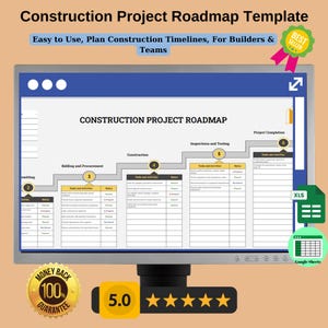 May include: A computer screen displaying a construction project roadmap template. The template is a visual representation of the different stages of a construction project, from bidding and procurement to project completion. The template is designed to help builders and teams plan and track their construction timelines.