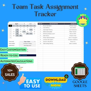 Puede incluir: Una plantilla de Google Sheets colorida para realizar un seguimiento de las tareas y asignaciones del equipo. La plantilla incluye un calendario para abril de 2024, una lista de tareas con descripciones y una columna para asignar tareas a los miembros del equipo. La plantilla también incluye una sección para la información del equipo, como el nombre del equipo, el líder del equipo y el departamento. La plantilla está etiquetada como "Fácil personalización", "Lista para usar" y "Cálculos automatizados".