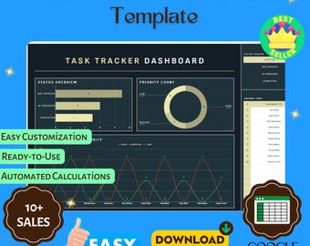 Aufgaben-Tracker Dashboard-Vorlage, bearbeitbare Google Sheets für Projektmanagement, Fortschrittsverfolgung, Aufgabenverfolgung, Teamzusammenarbeit