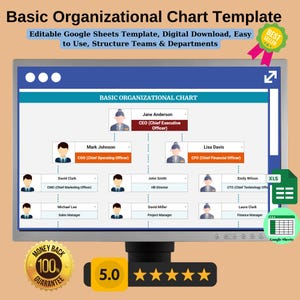 May include: A computer monitor displays a basic organizational chart template. The chart includes titles such as CEO, COO, and CFO, with names and titles. The screen also shows a "Best Seller" ribbon, a "Money Back Guarantee" badge, and a 5-star rating.