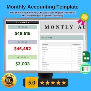 Monthly Accounting Template | Editable Google Sheets, Customizable Digital Download for Budgeting & Expense Tracking