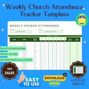 Weekly Church Attendance Tracker Google Sheets, Congregation Member Log, Sunday Service Register, Present Absent Record for Pastors