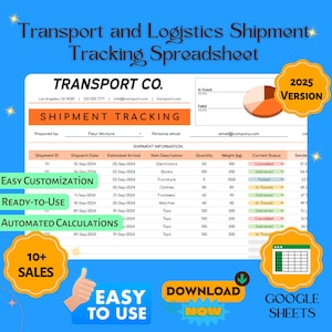 Pode incluir: Um modelo de planilha azul e branca para o rastreamento de remessas. A planilha inclui colunas para o ID da remessa, a data de envio, a chegada estimada, a descrição do item, a quantidade, o peso, o status atual e o remetente. A planilha é rotulada como "Transport and Logistics Shipment Tracking Spreadsheet" e "Transport Co."