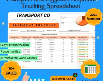 Transport and Logistics Shipment Tracking Spreadsheet Template, Delivery Tracker, Freight & Cargo Management Tool for Businesses, Google