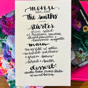 Menú escrito a mano / Diseño de menú con caligrafía personalizada / Menú elegante para bodas o eventos / Menú personalizado escrito a mano