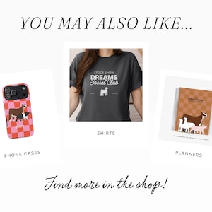 May include: Image featuring a pink and red checkered phone case, a dark gray t-shirt with text, and a brown and white planner. The phone case has a cow graphic. The t-shirt says "STOCK SHOW DREAMS Social Club". The planner has a cow graphic.
