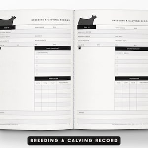 May include: An open planner with black and white pages titled Breeding & Calving Record. The layout includes fields for Cow ID, pedigree notes, breeding and calving dates, a calf checklist, and a medication table with a cow silhouette icon.